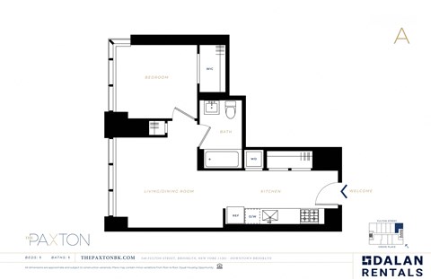 Floor plan for 1 bed, 1 bath, 592 sqft